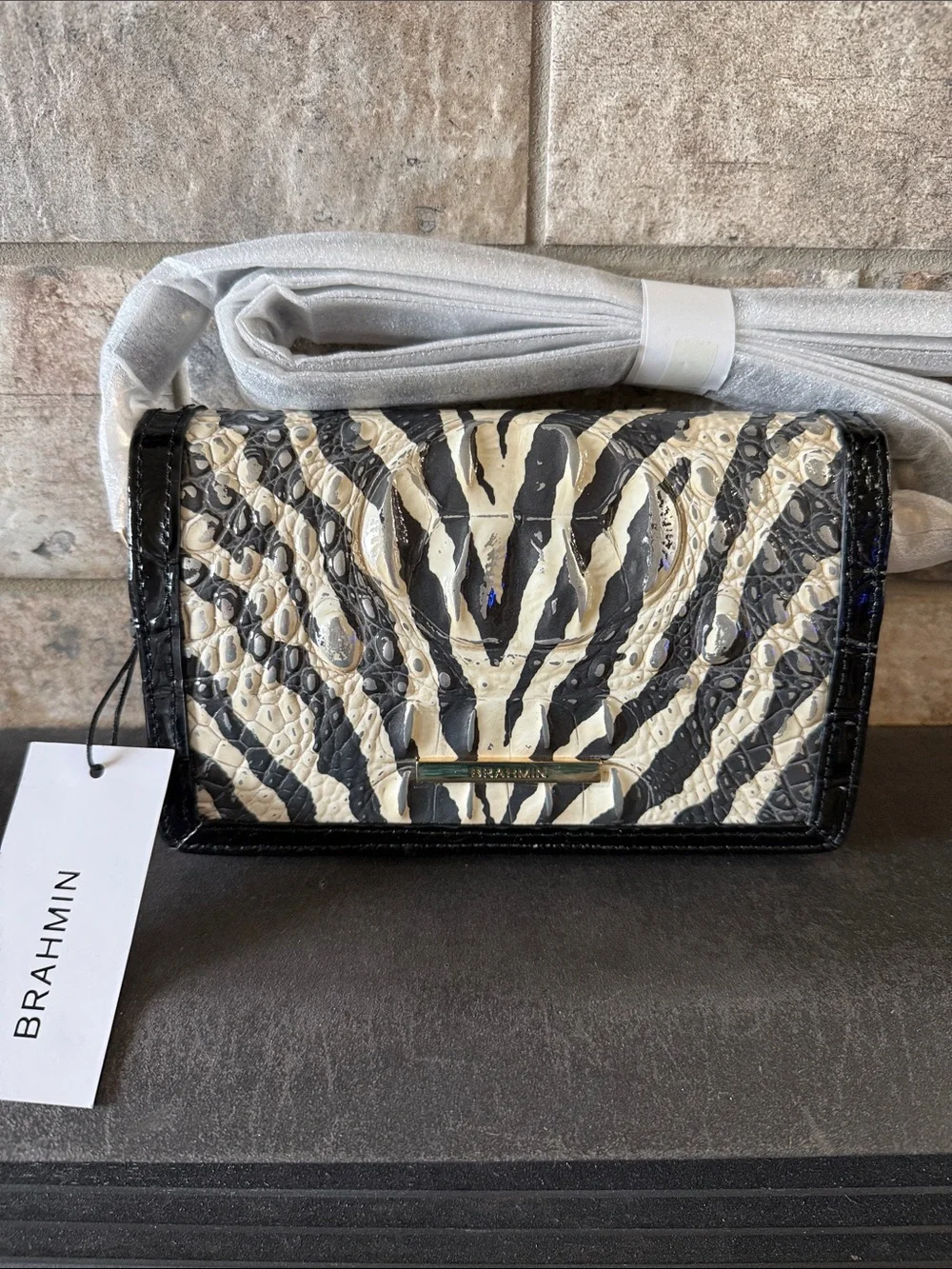 Brahmin Minuette Black & Cream Zebra-Embossed Crossbody Wallet